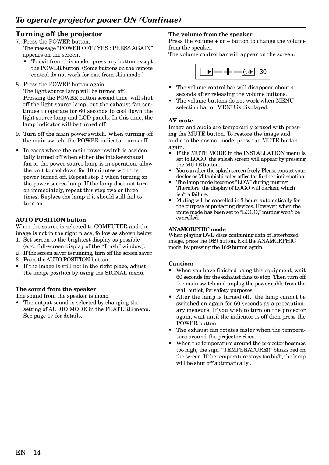 Mitsubishi Electronics XL2U user manual Turning off the projector, Sound from the speaker, Volume from the speaker, AV mute 