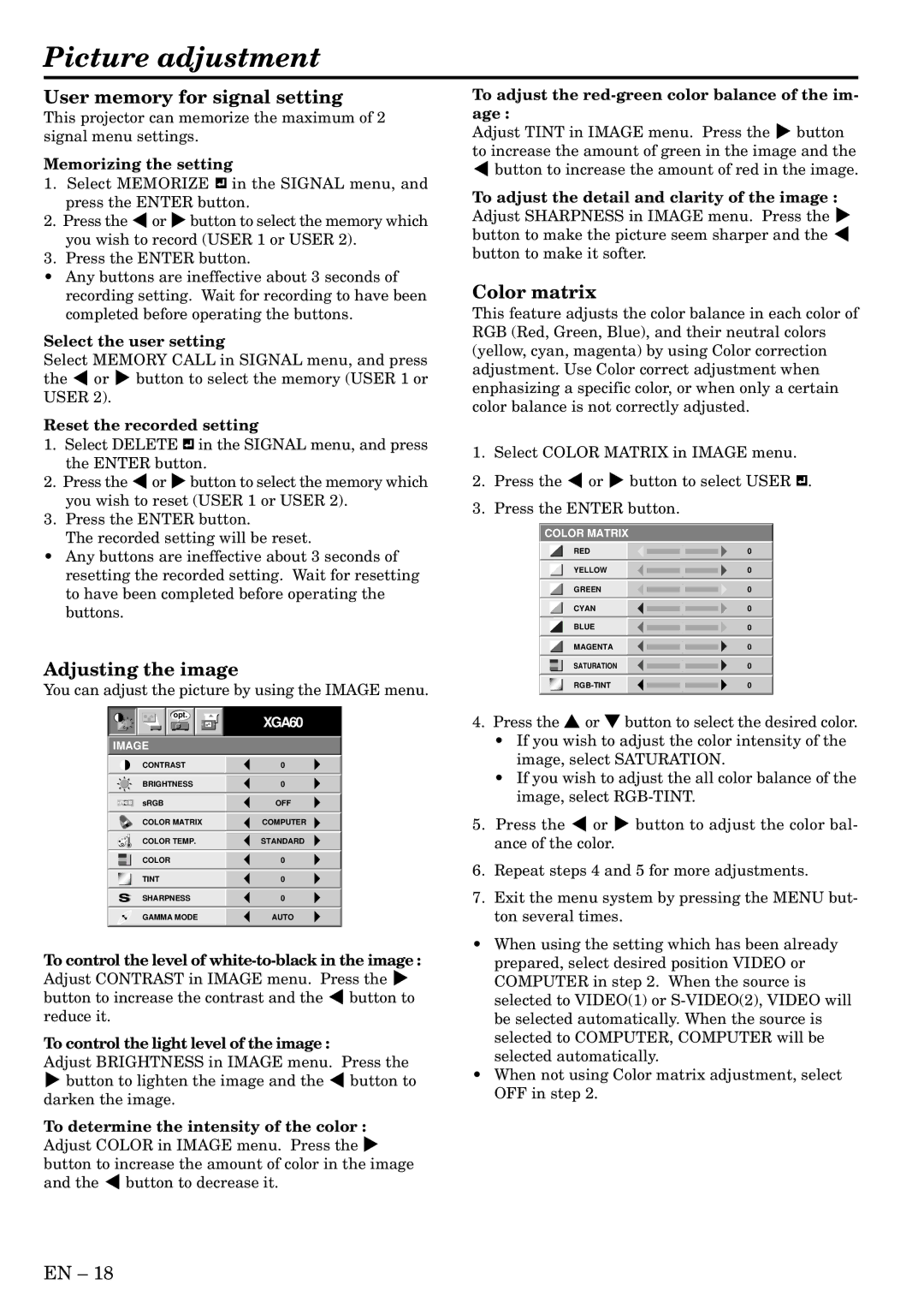 Mitsubishi Electronics XL2U Picture adjustment, User memory for signal setting, Adjusting the image, Color matrix 