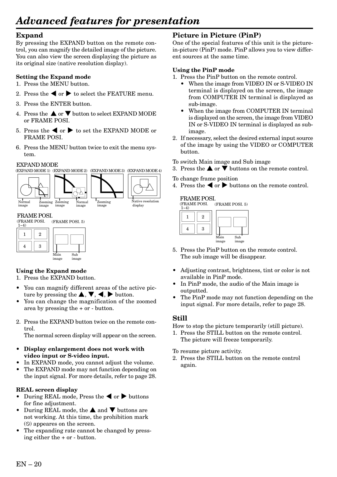 Mitsubishi Electronics XL2U user manual Advanced features for presentation, Expand, Picture in Picture PinP, Still 