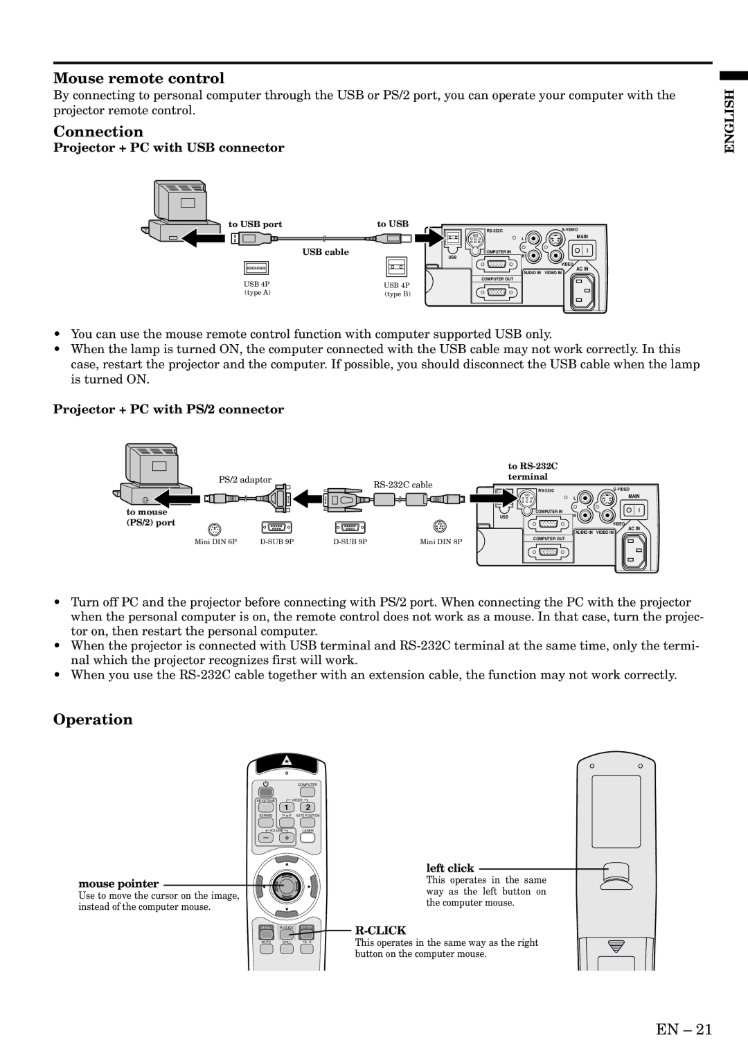 Mitsubishi Electronics XL2U user manual Mouse remote control, Connection, Operation, Projector + PC with USB connector 