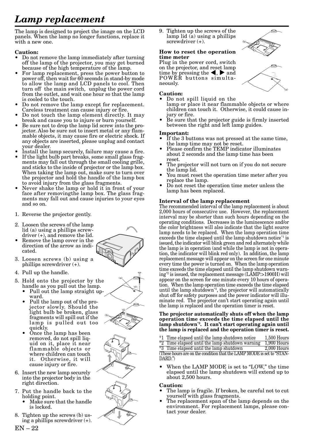 Mitsubishi Electronics XL2U Lamp replacement, How to reset the operation time meter, Interval of the lamp replacement 