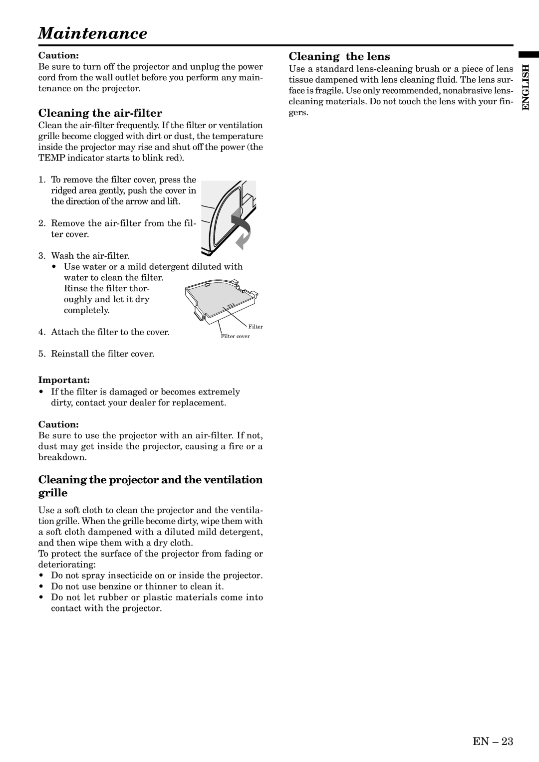 Mitsubishi Electronics XL2U user manual Maintenance, Cleaning the air-filter, Cleaning the lens 