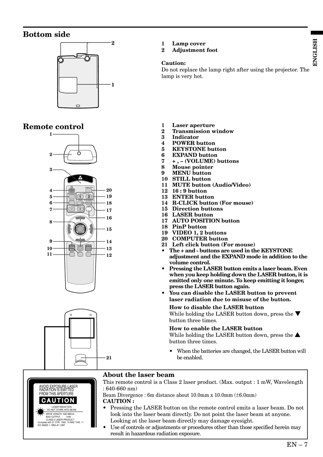 Mitsubishi Electronics XL2U user manual About the laser beam, Lamp cover Adjustment foot, How to enable the Laser button 