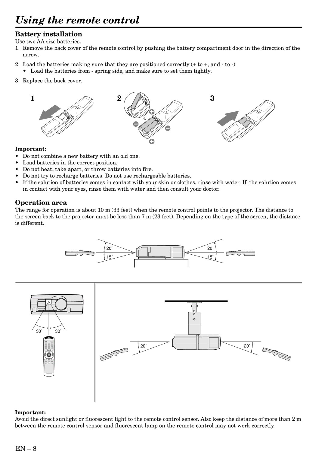 Mitsubishi Electronics XL2U user manual Using the remote control, Battery installation, Operation area 