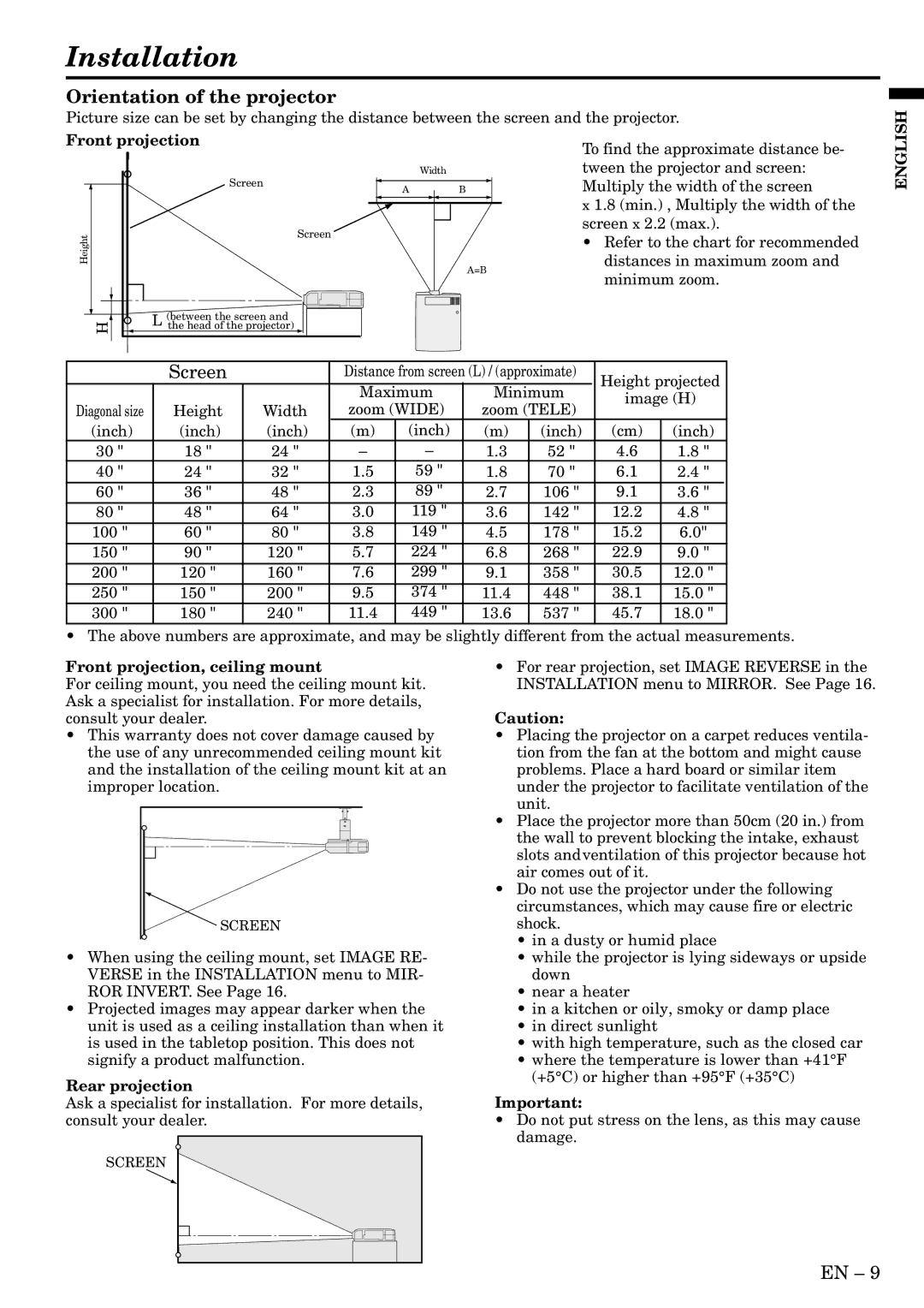 Mitsubishi Electronics XL2U user manual Installation, Orientation of the projector, Front projection, ceiling mount 