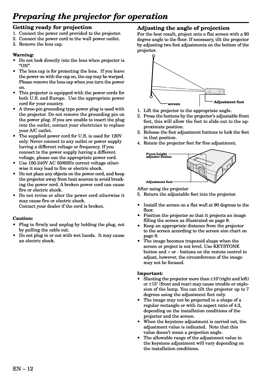 Mitsubishi Electronics XL2U user manual Preparing the projector for operation, Getting ready for projection 