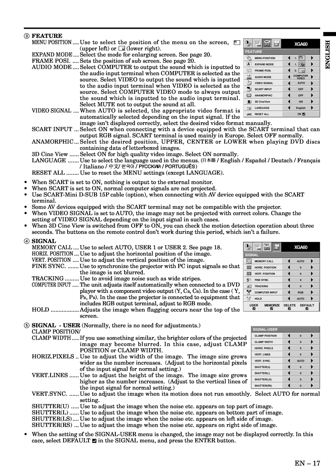 Mitsubishi Electronics XL2U user manual LANGUAGE ....... Use to select the language used in the menus 