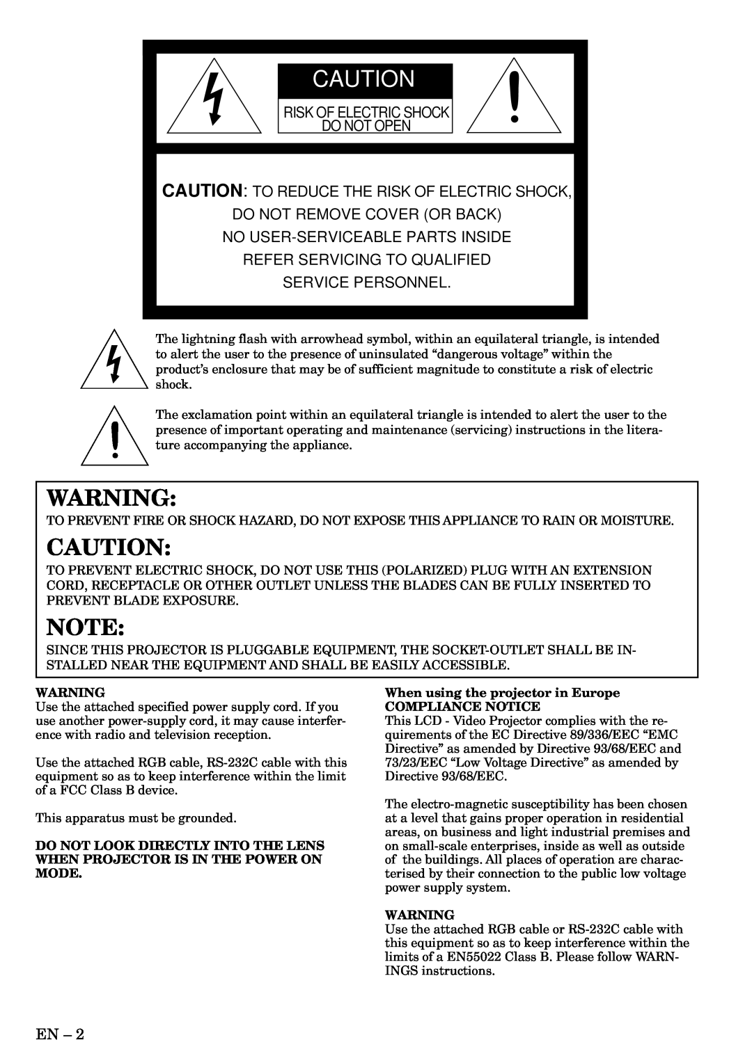 Mitsubishi Electronics XL2U user manual Risk Of Electric Shock Do Not Open, Caution To Reduce The Risk Of Electric Shock 