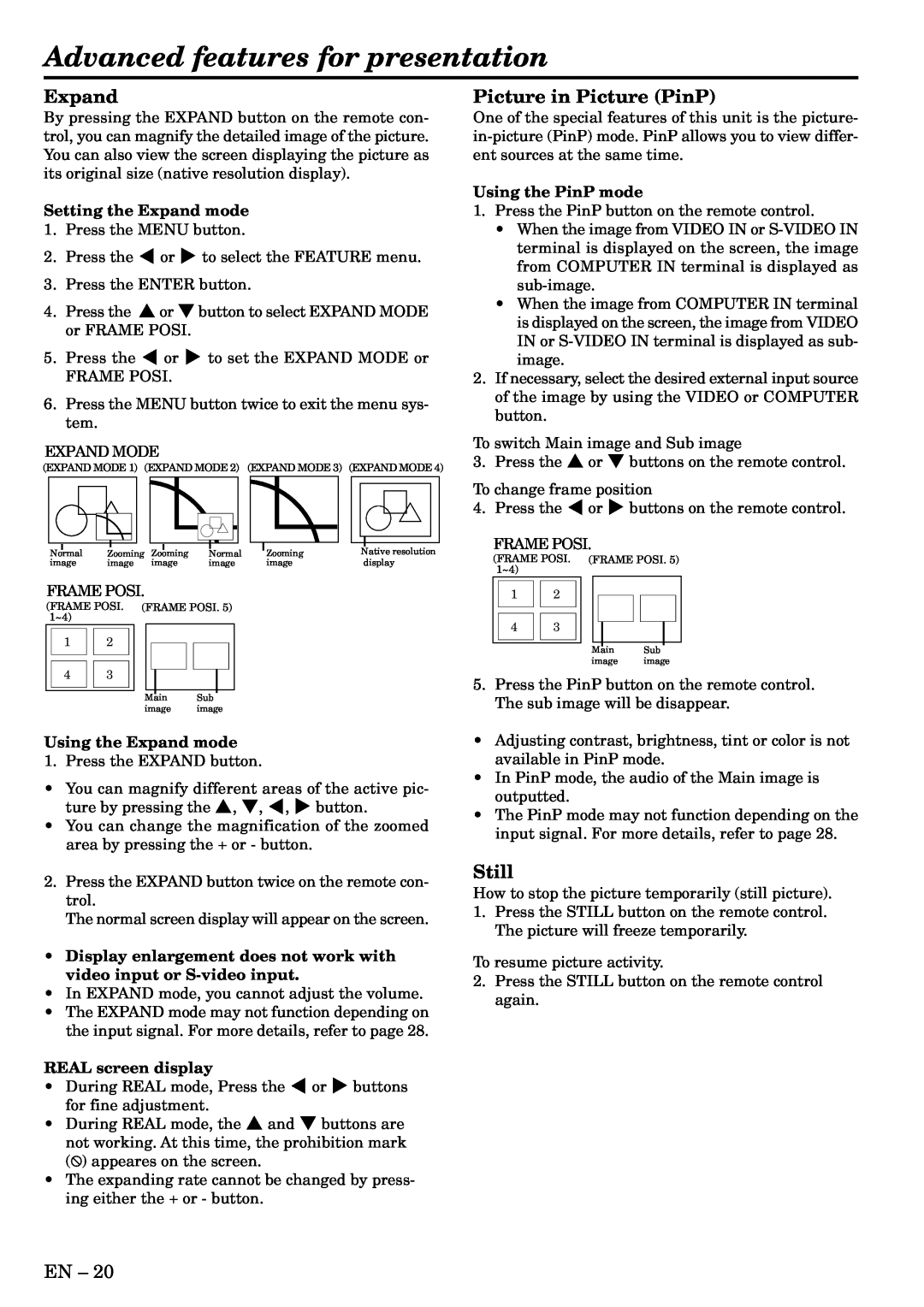 Mitsubishi Electronics XL2U user manual Advanced features for presentation, Expand, Picture in Picture PinP, Still 