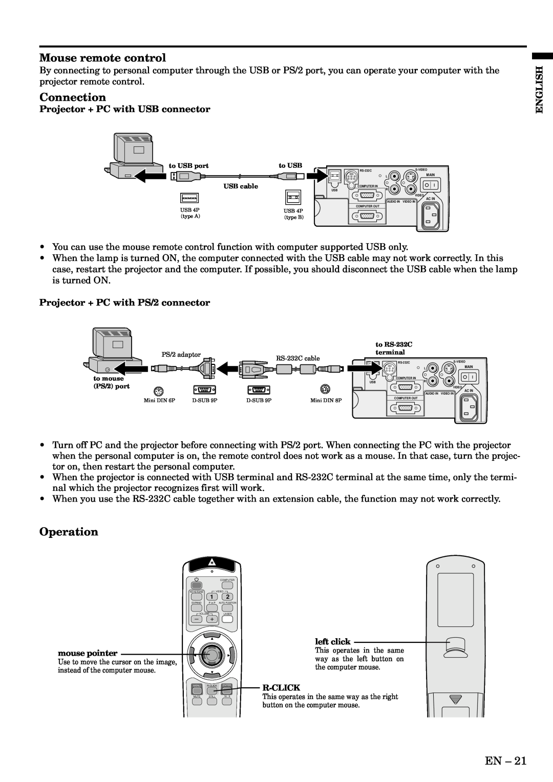 Mitsubishi Electronics XL2U user manual Mouse remote control, Connection, Operation, mouse pointer, left click, R-Click 