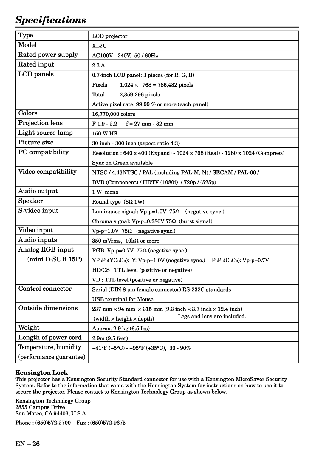 Mitsubishi Electronics XL2U user manual Specifications, Kensington Lock 