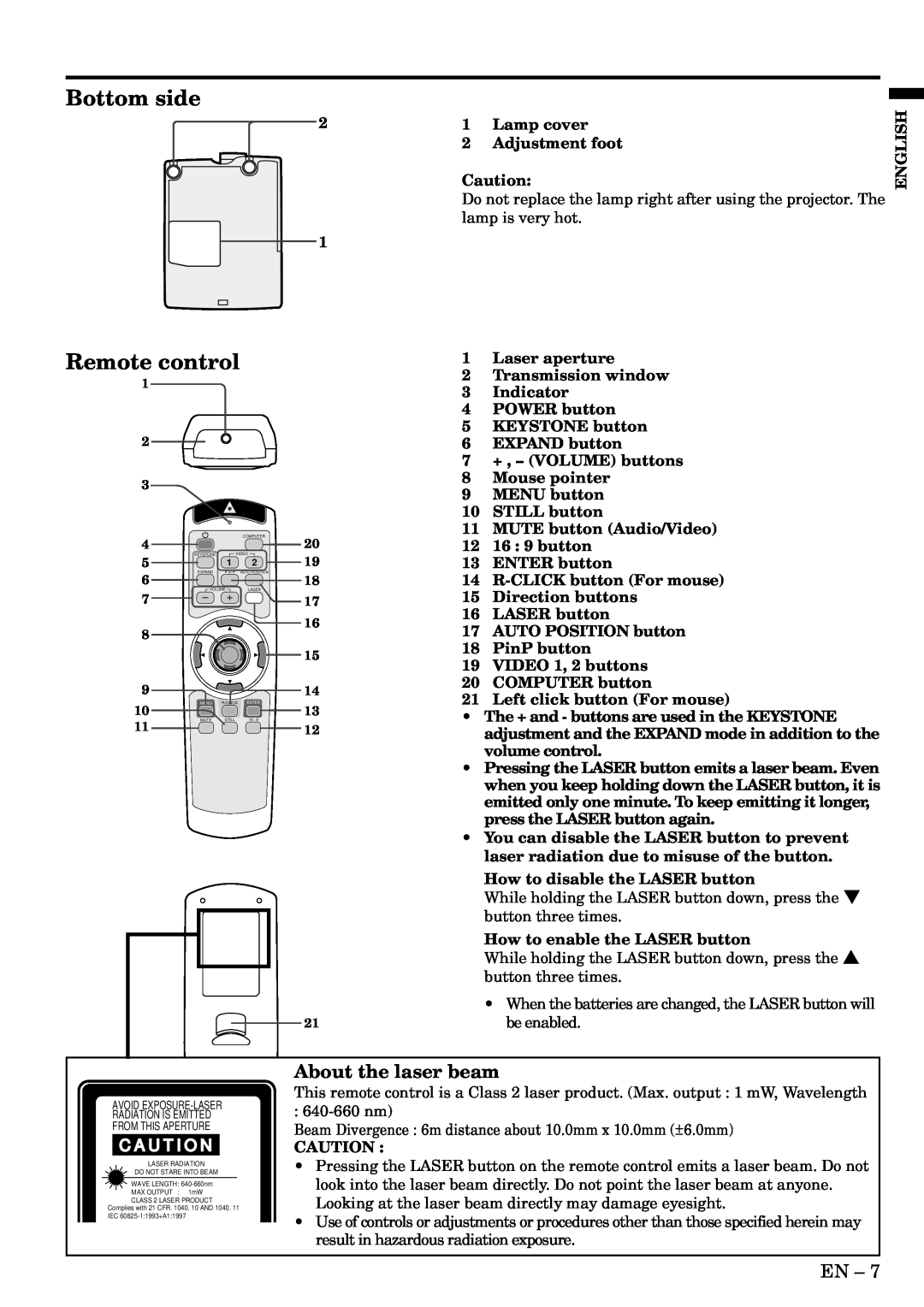 Mitsubishi Electronics XL2U user manual Bottom side, Remote control, About the laser beam, C A U T I O N 