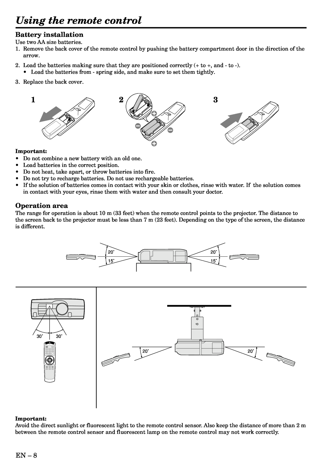 Mitsubishi Electronics XL2U user manual Using the remote control, Battery installation, Operation area 