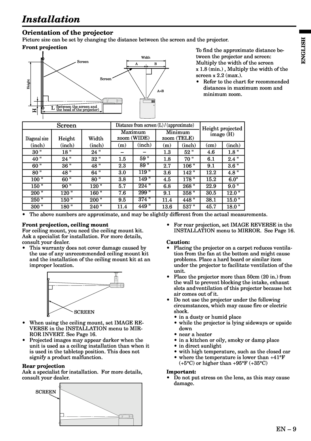 Mitsubishi Electronics XL2U user manual Installation, Orientation of the projector 