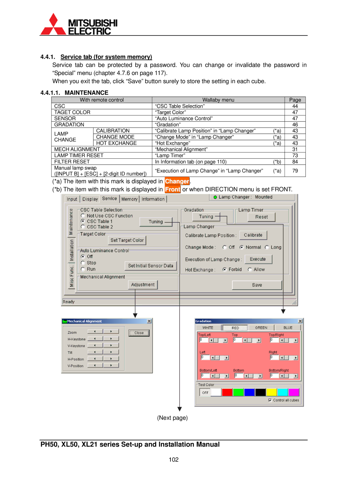 Mitsubishi Electronics XL50, XL21 installation manual Service tab for system memory, Maintenance 