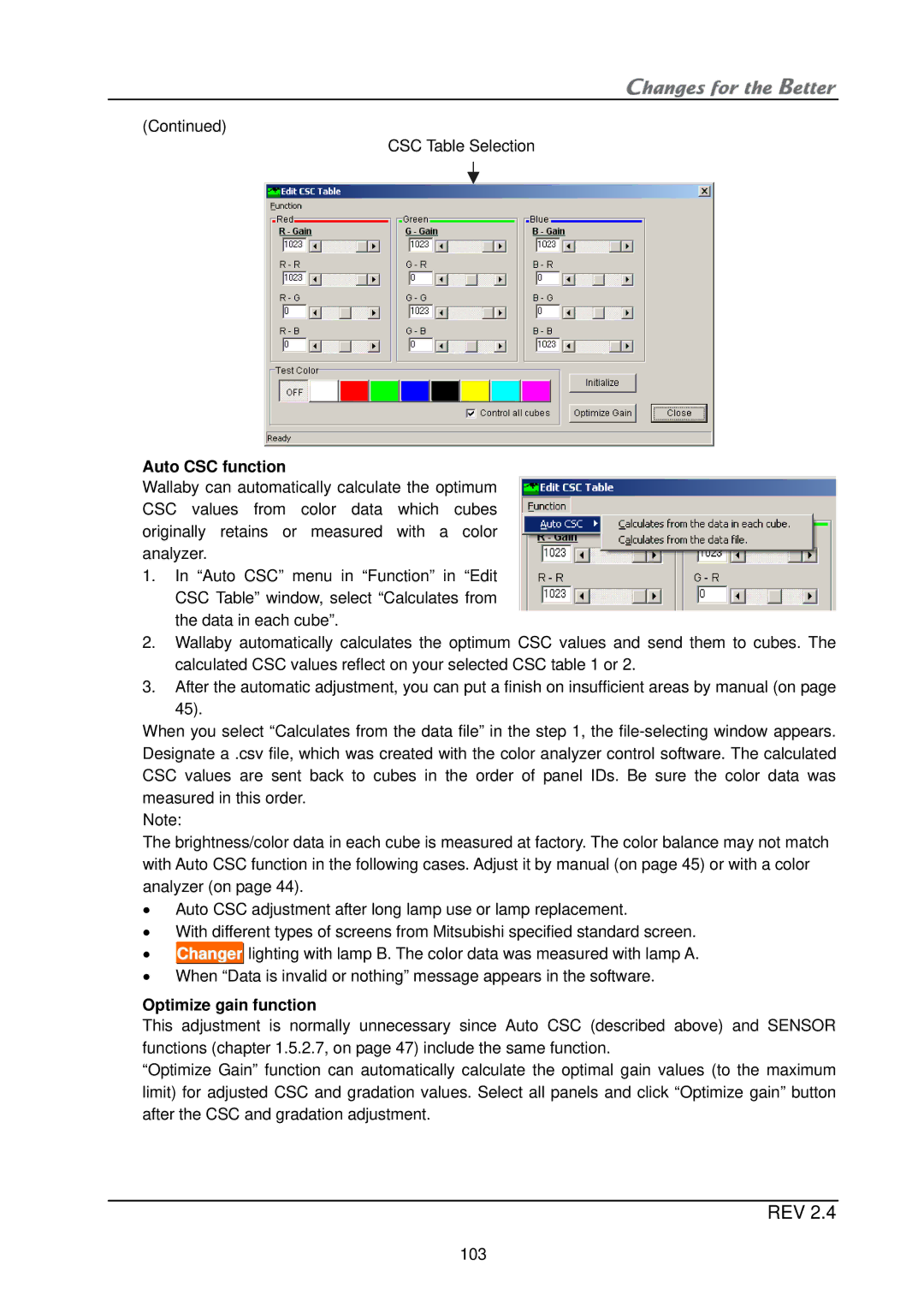Mitsubishi Electronics XL21, XL50 installation manual Auto CSC function, Optimize gain function 
