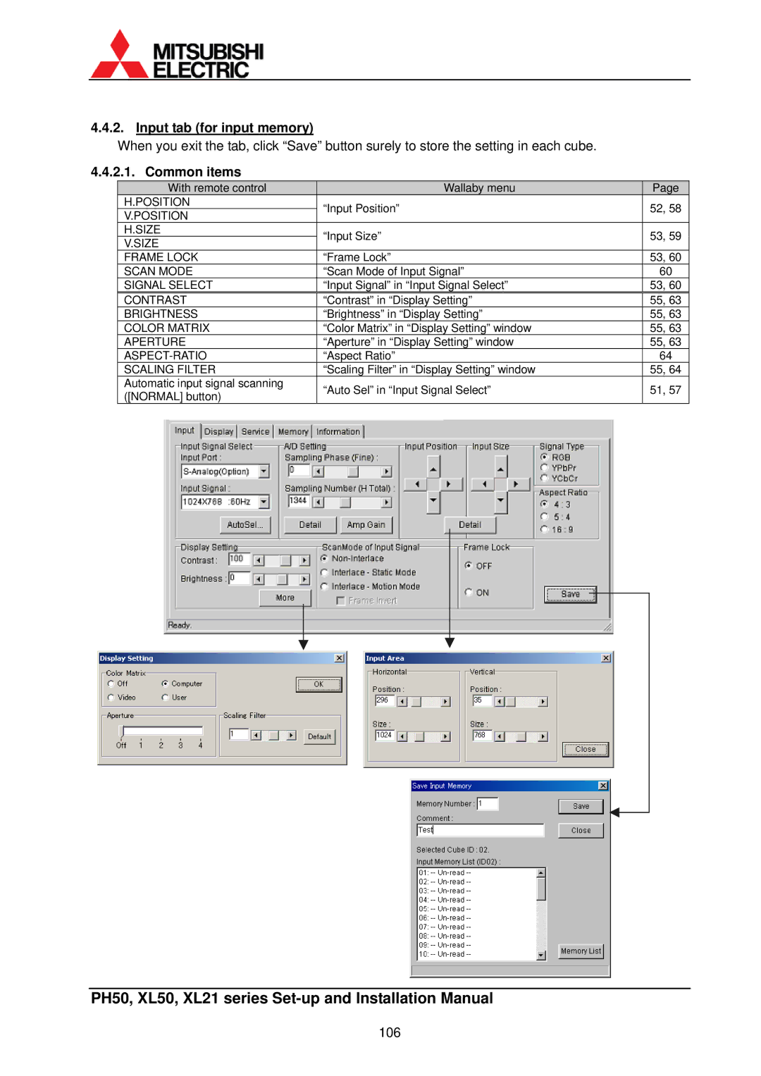 Mitsubishi Electronics XL50, XL21 installation manual Input tab for input memory, Common items 