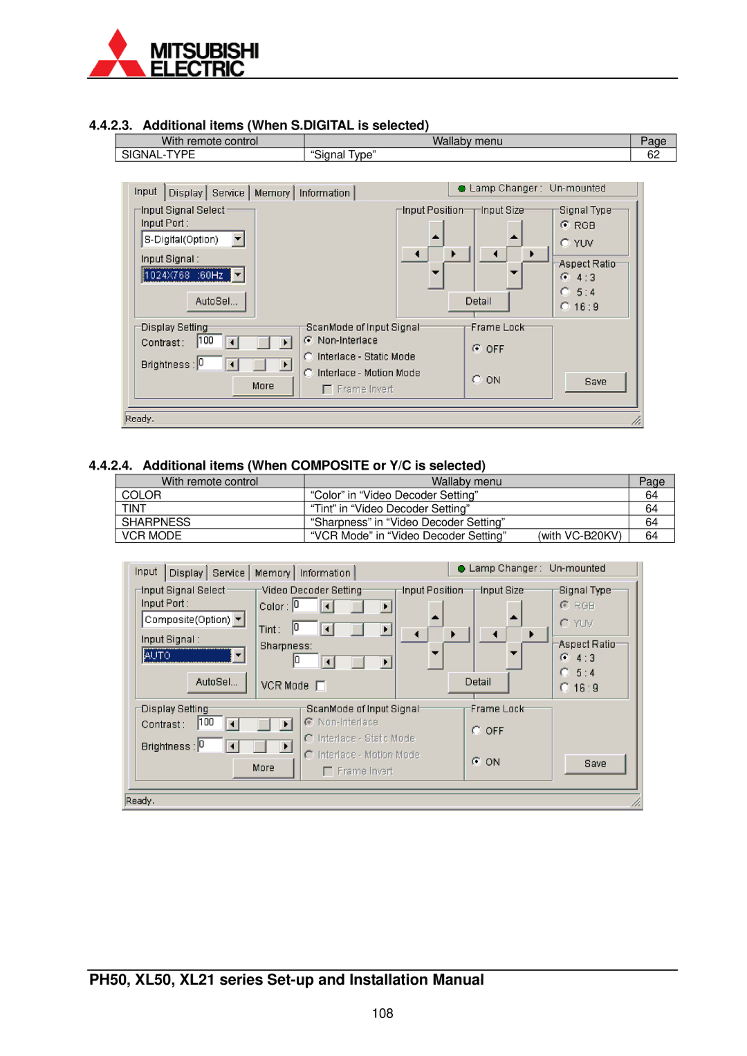 Mitsubishi Electronics XL50, XL21 installation manual Additional items When S.DIGITAL is selected 