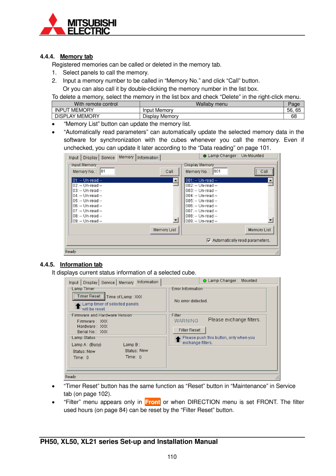 Mitsubishi Electronics XL50, XL21 installation manual Memory tab, Information tab 