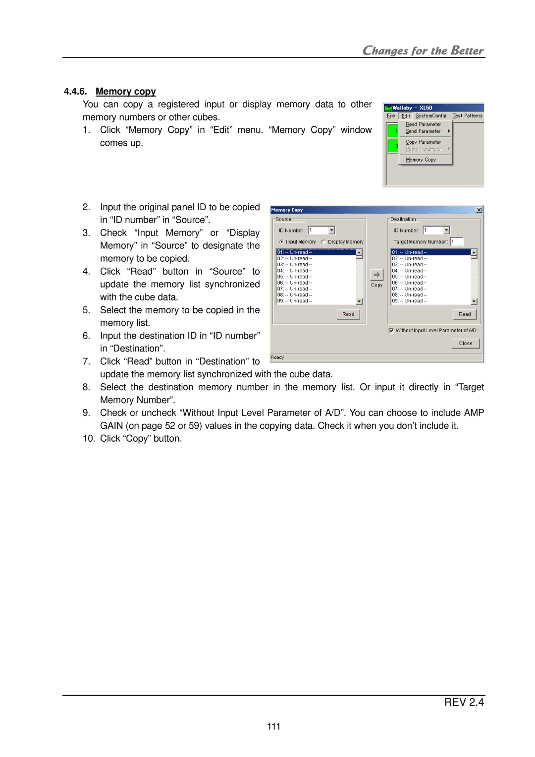 Mitsubishi Electronics XL21, XL50 installation manual Memory copy 