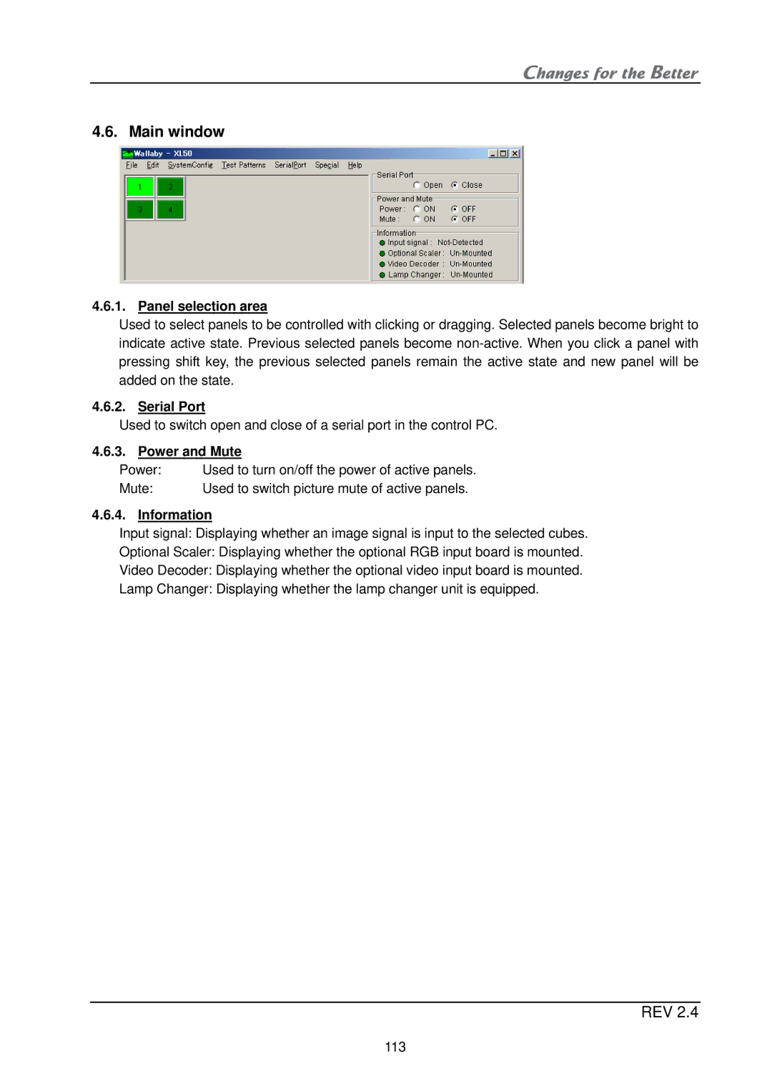 Mitsubishi Electronics XL21, XL50 Main window, Panel selection area, Serial Port, Power and Mute, Information 