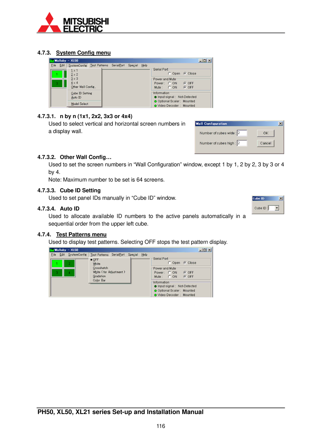 Mitsubishi Electronics XL50, XL21 System Config menu By n 1x1, 2x2, 3x3 or, Other Wall Config…, Cube ID Setting, Auto ID 