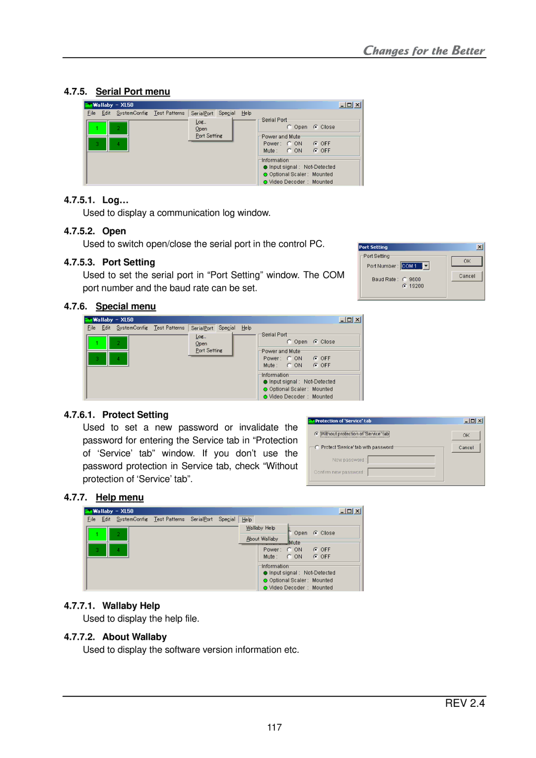 Mitsubishi Electronics XL21, XL50 Serial Port menu Log…, Open, Port Setting, Special menu Protect Setting, About Wallaby 