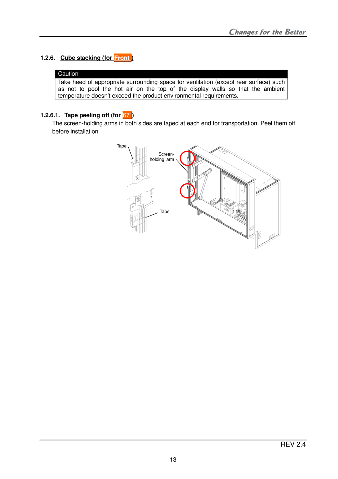 Mitsubishi Electronics XL21, XL50 installation manual Cube stacking for Front, Tape peeling off for 