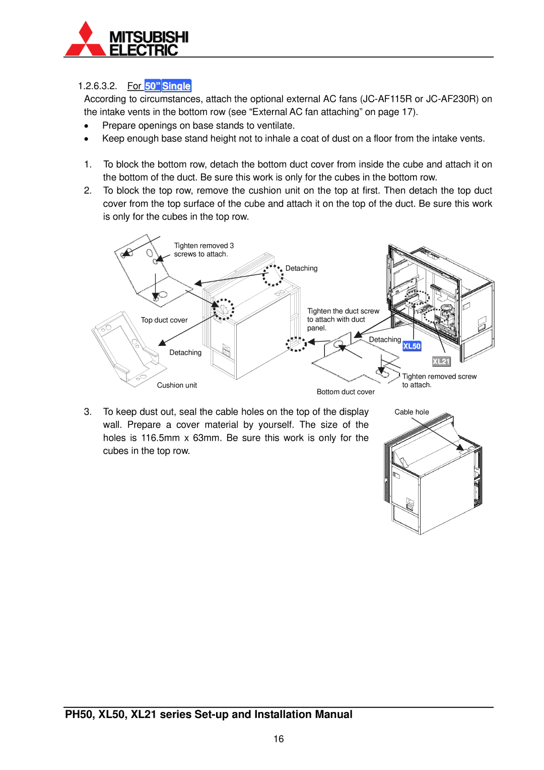 Mitsubishi Electronics XL50, XL21 installation manual For 50 Single 