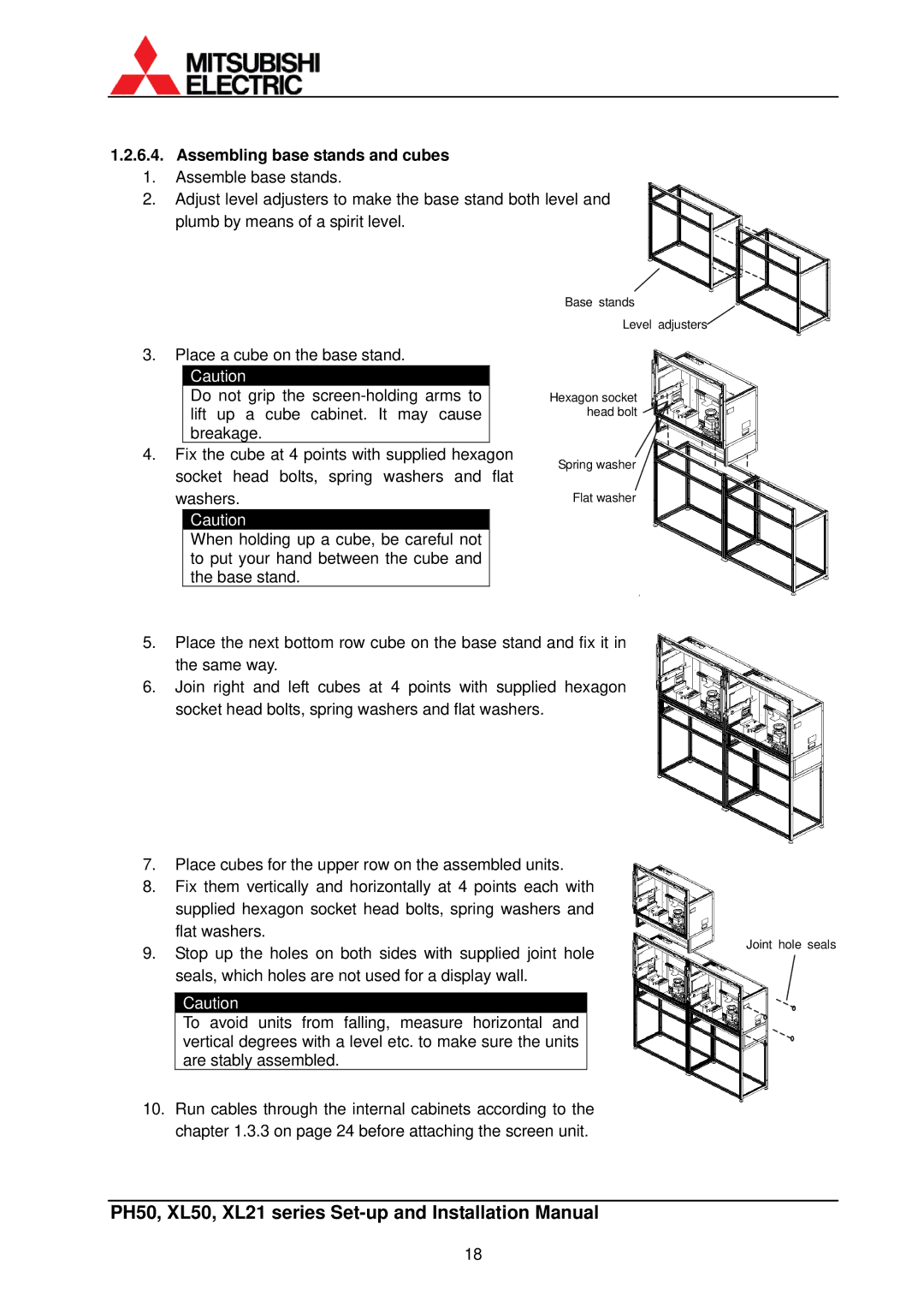 Mitsubishi Electronics XL50, XL21 installation manual Assembling base stands and cubes 