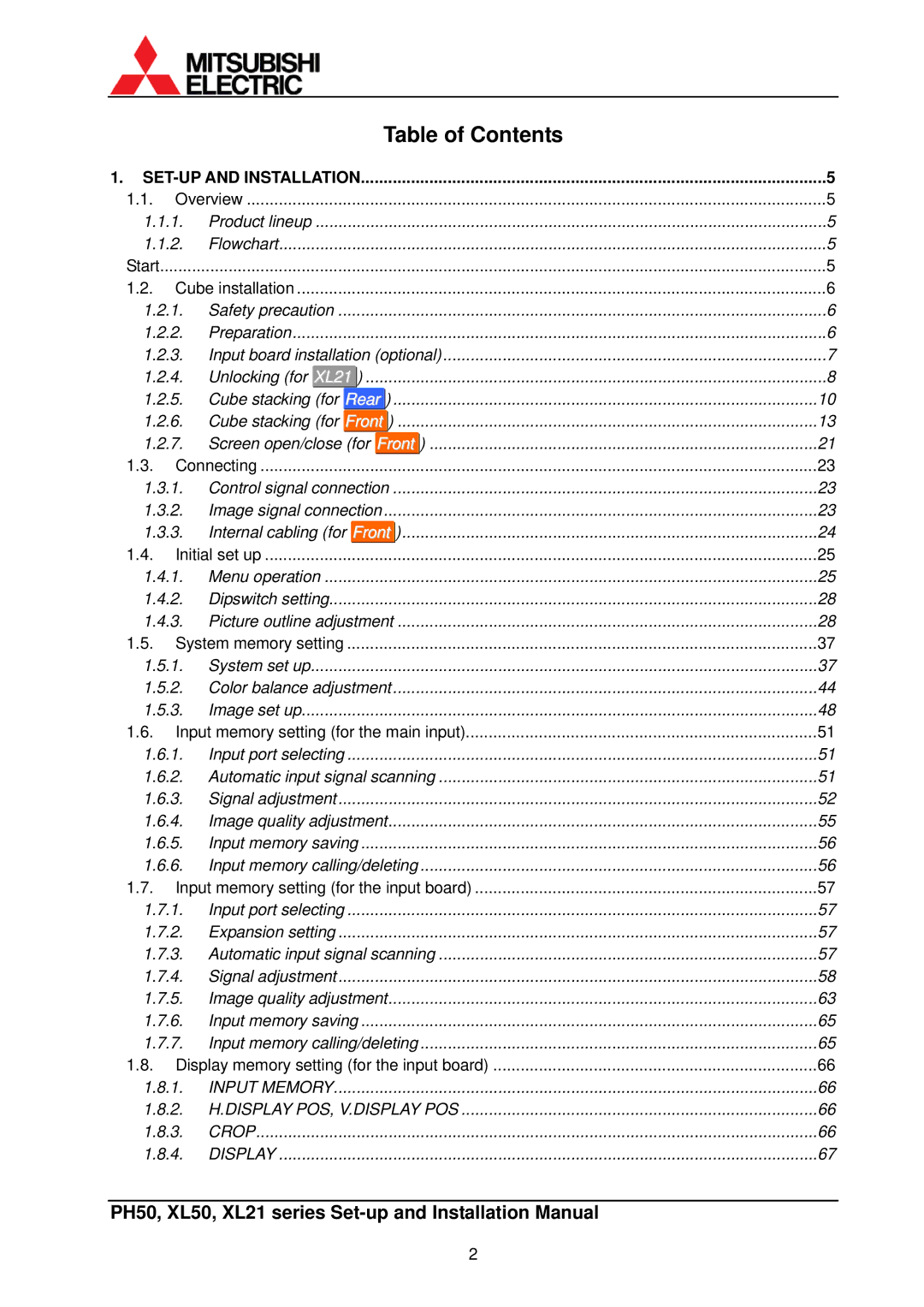 Mitsubishi Electronics XL50, XL21 installation manual Table of Contents 