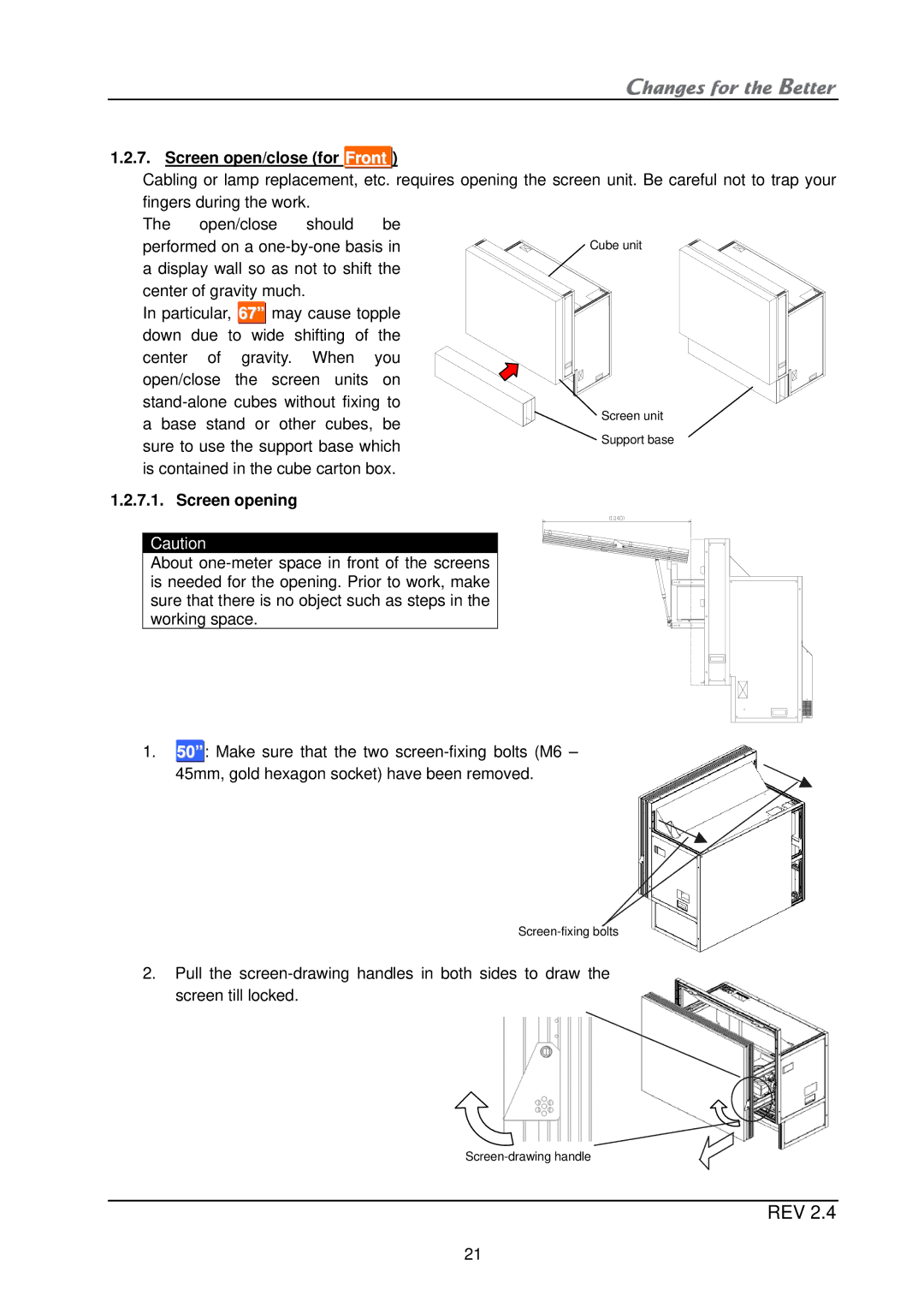 Mitsubishi Electronics XL21, XL50 installation manual Screen open/close for Front, Screen opening 