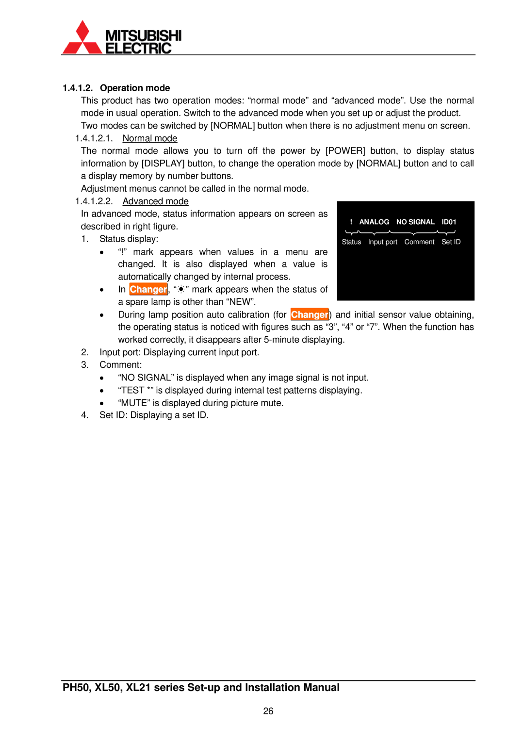 Mitsubishi Electronics XL50, XL21 installation manual Operation mode 