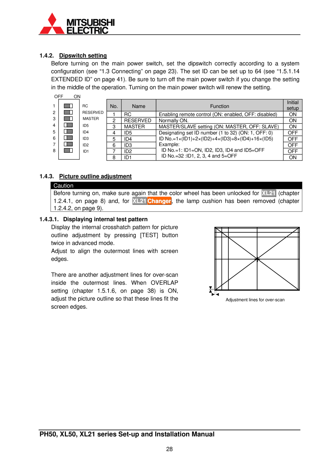 Mitsubishi Electronics XL50, XL21 Dipswitch setting, Picture outline adjustment, Displaying internal test pattern 
