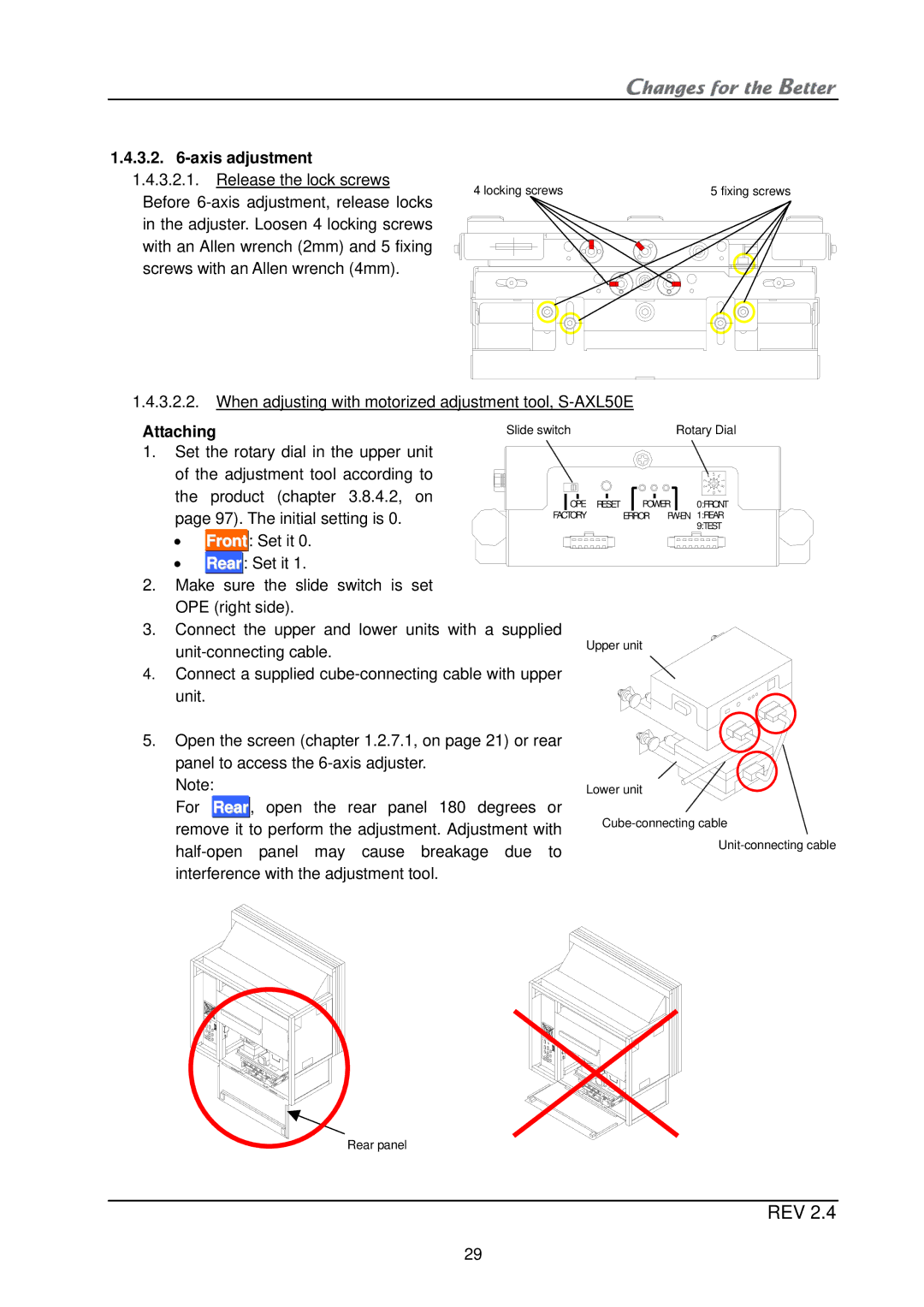 Mitsubishi Electronics XL21, XL50 installation manual Axis adjustment, Attaching 