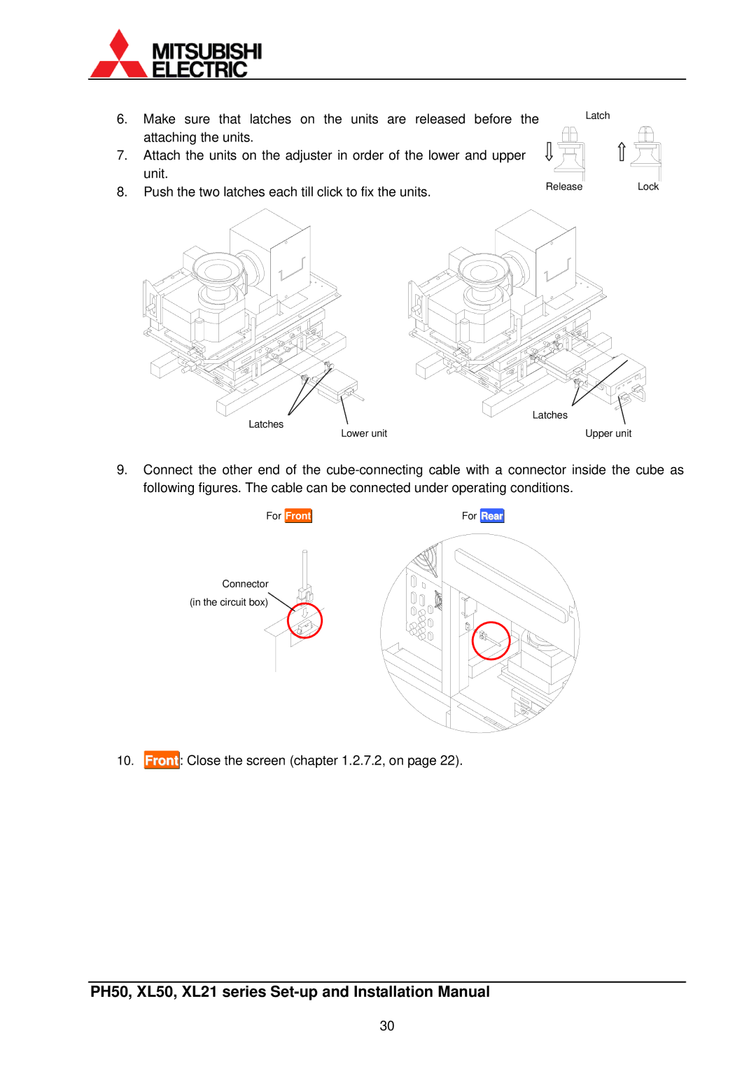 Mitsubishi Electronics XL50, XL21 installation manual Front Close the screen .2.7.2, on 