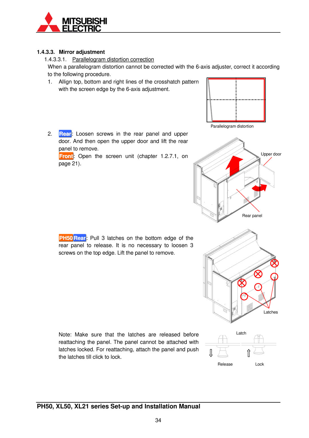 Mitsubishi Electronics XL50, XL21 installation manual Mirror adjustment 