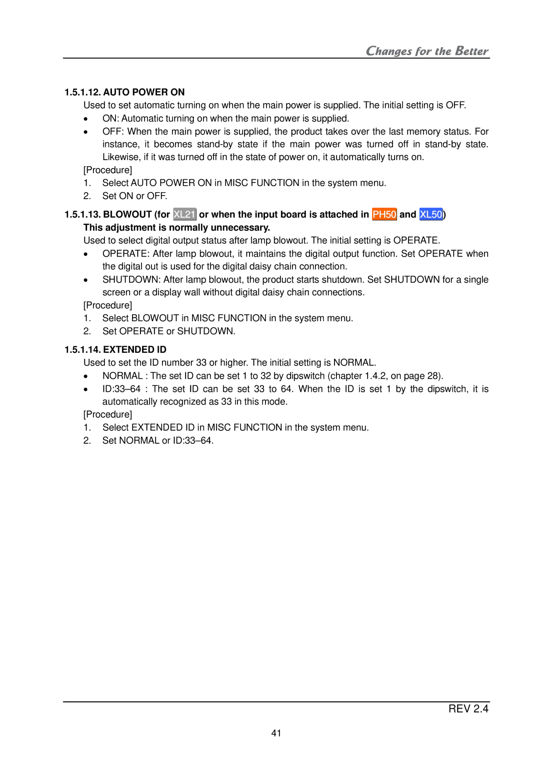 Mitsubishi Electronics XL21, XL50 installation manual Auto Power on, Extended ID 