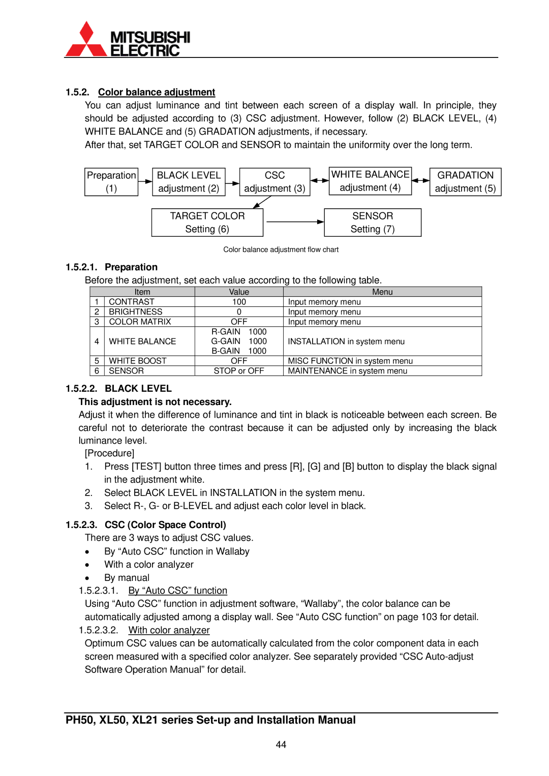 Mitsubishi Electronics XL50, XL21 installation manual Color balance adjustment, Black Level This adjustment is not necessary 