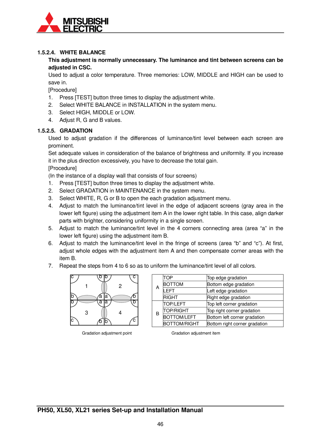 Mitsubishi Electronics XL50, XL21 installation manual White Balance, Gradation 