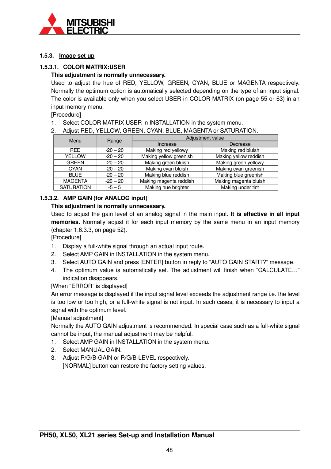 Mitsubishi Electronics XL50, XL21 installation manual Image set up, Color Matrixuser 