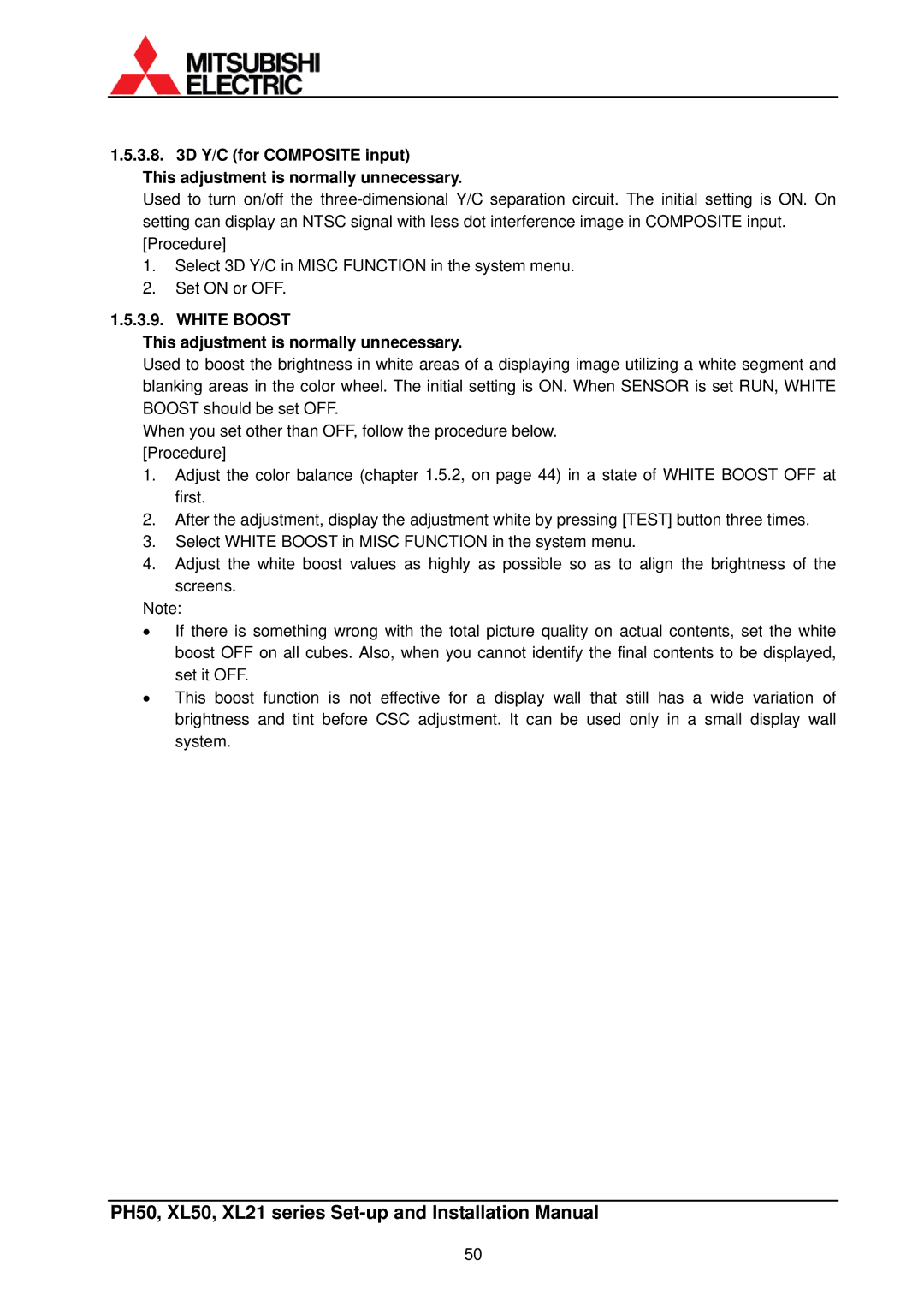 Mitsubishi Electronics XL50, XL21 installation manual White Boost This adjustment is normally unnecessary 