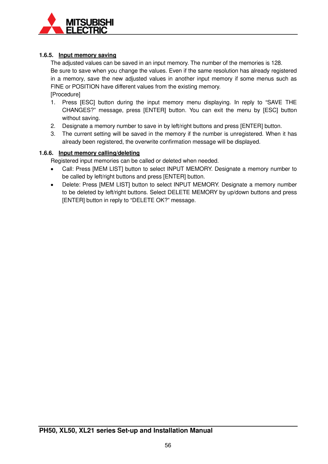 Mitsubishi Electronics XL50, XL21 installation manual Input memory saving, Input memory calling/deleting 