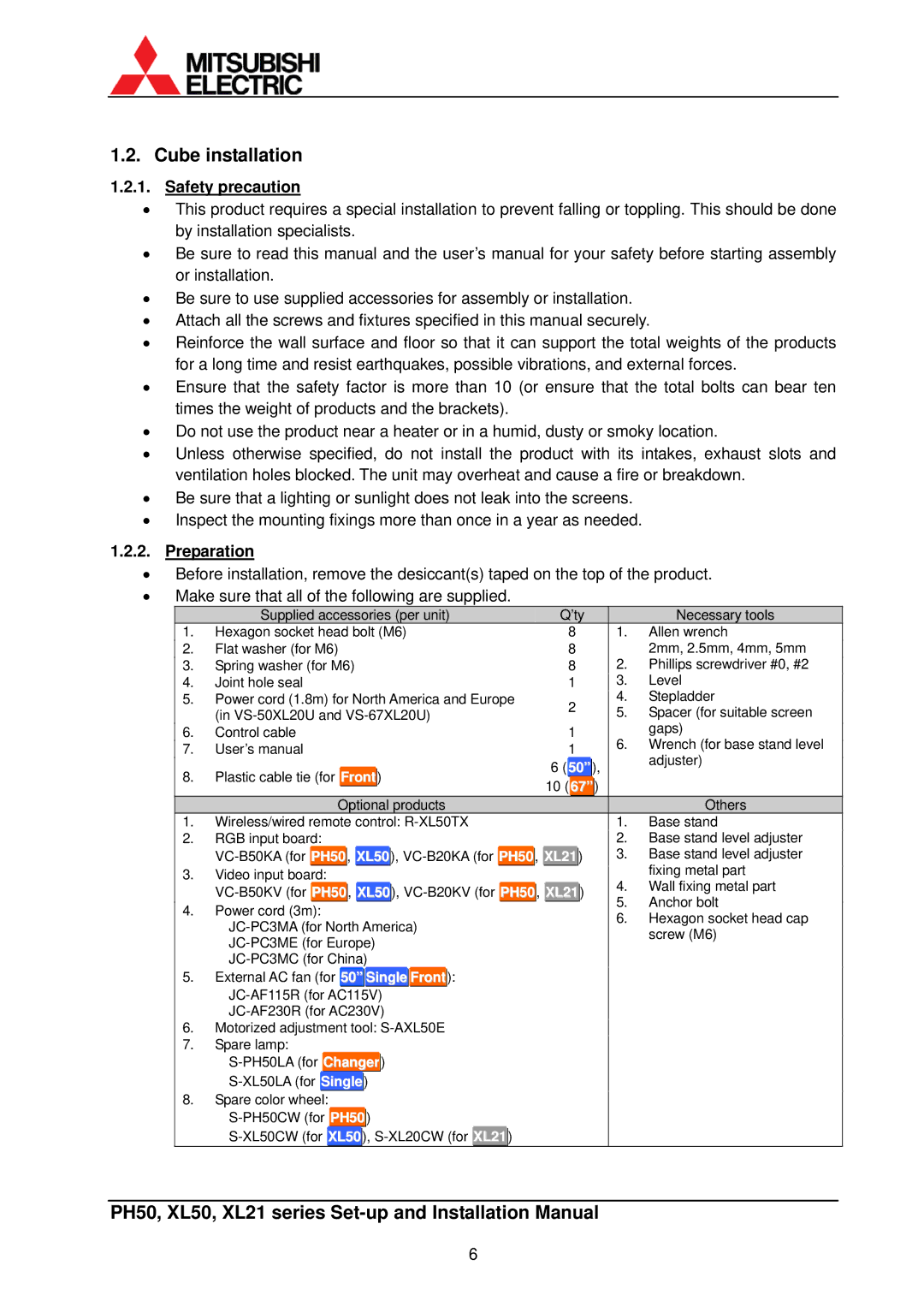 Mitsubishi Electronics XL50, XL21 installation manual Cube installation, Safety precaution, Preparation 