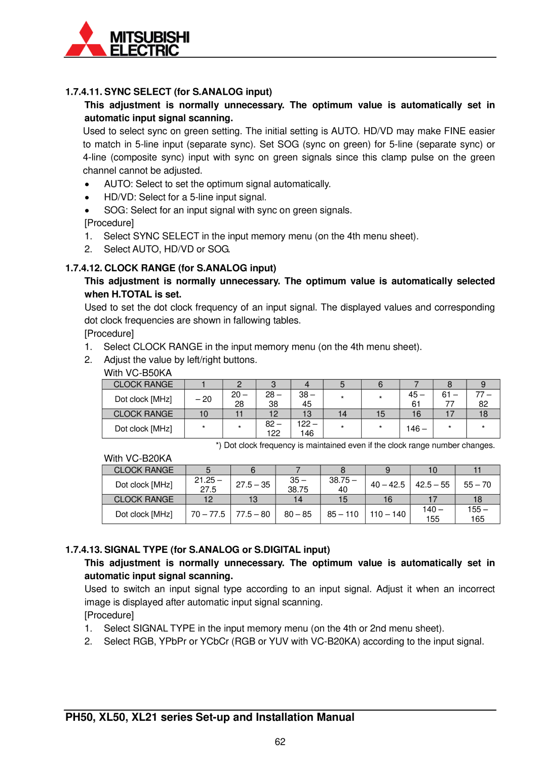 Mitsubishi Electronics XL50, XL21 installation manual With VC-B20KA 