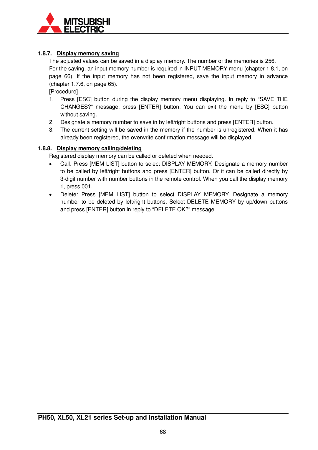 Mitsubishi Electronics XL50, XL21 installation manual Display memory saving, Display memory calling/deleting 