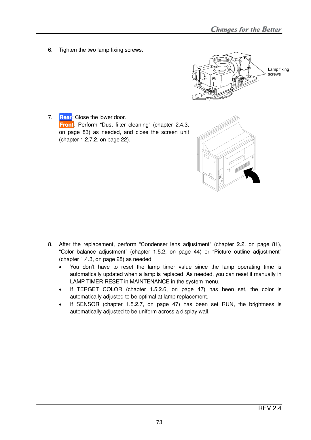 Mitsubishi Electronics XL21, XL50 installation manual Tighten the two lamp fixing screws 