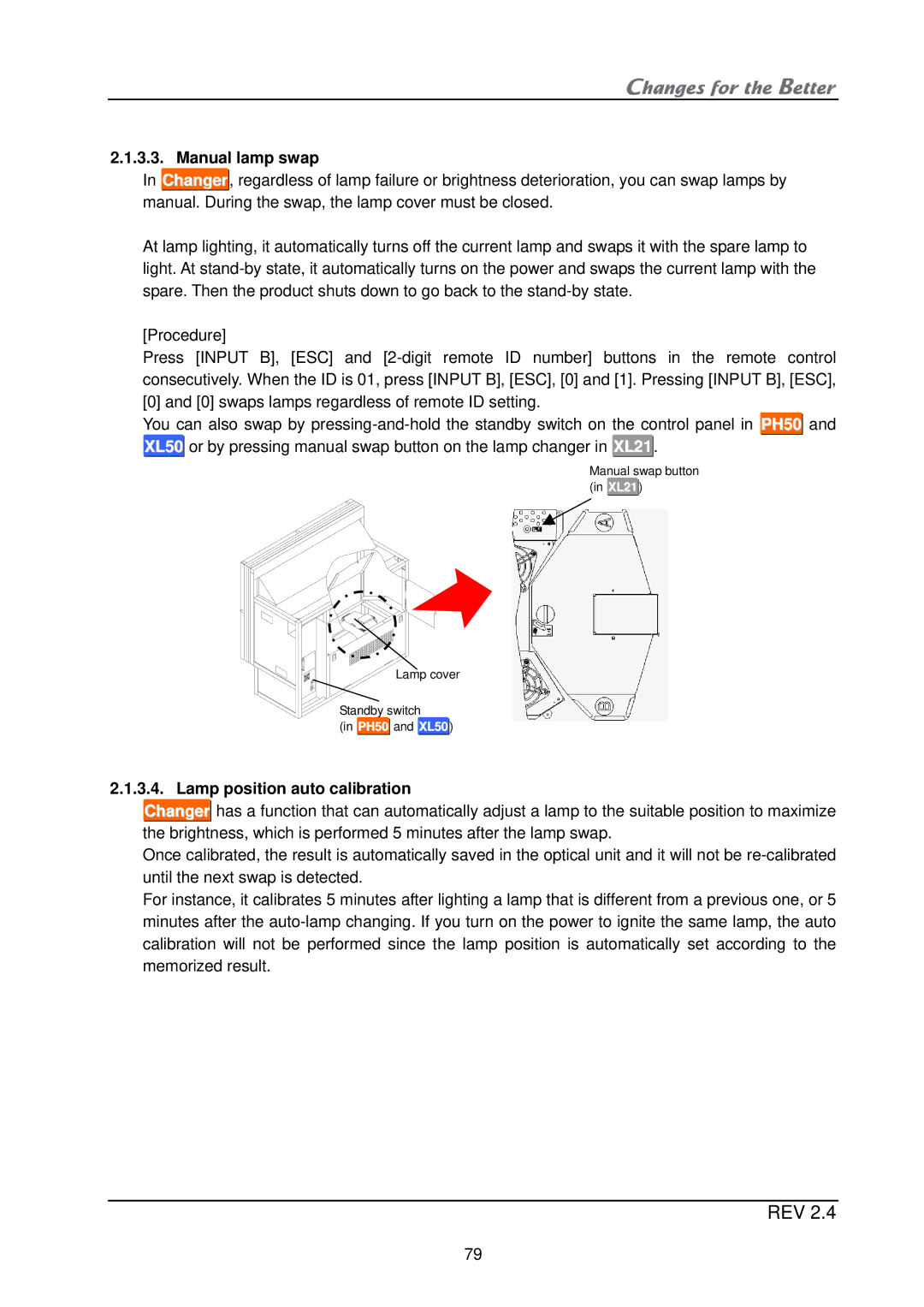 Mitsubishi Electronics XL21, XL50 installation manual Manual lamp swap, Lamp position auto calibration 