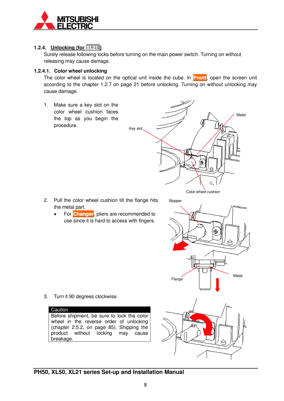 Mitsubishi Electronics XL50 installation manual Unlocking for XL21, Color wheel unlocking 