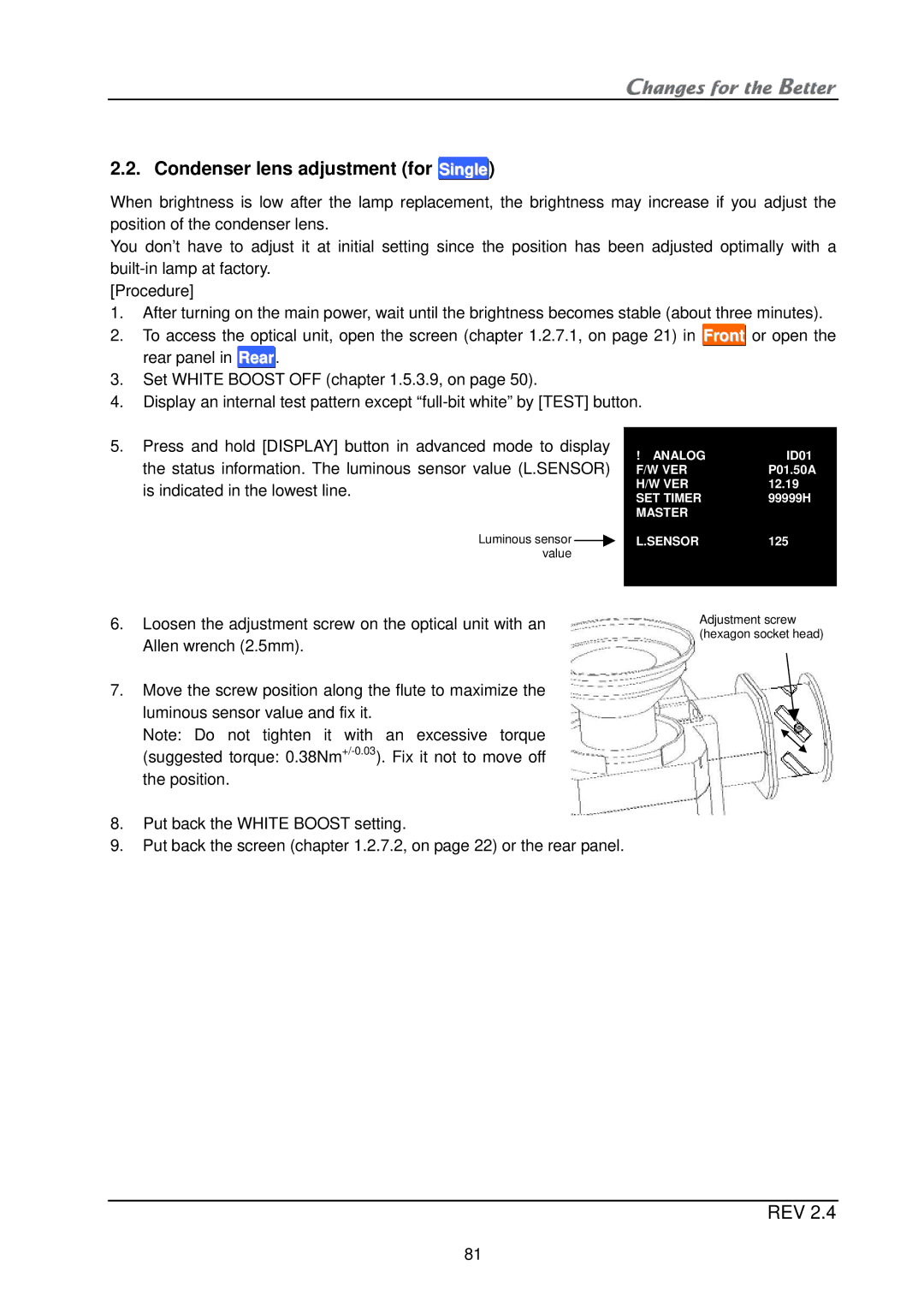 Mitsubishi Electronics XL21, XL50 installation manual Condenser lens adjustment for Single 